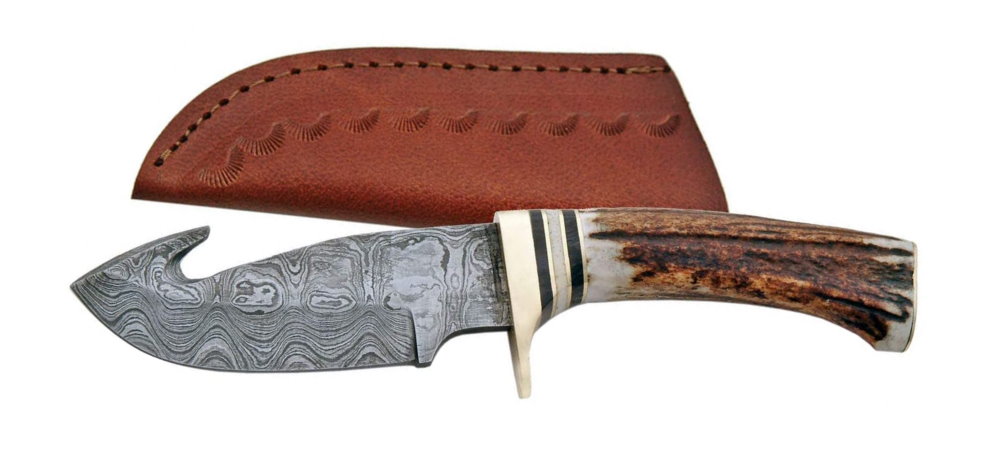 Damascus Steel Hunting Knife with Gut Hook